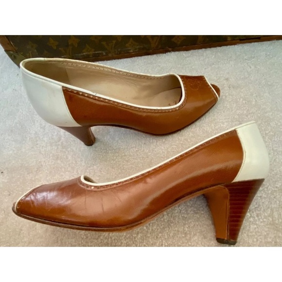 RARE VINTAGE 70s GUCCI ITALY GG LOGO PUMPS HEELS BROWN WHITE LEATHER OPEN TOE 37 - Picture 4 of 11